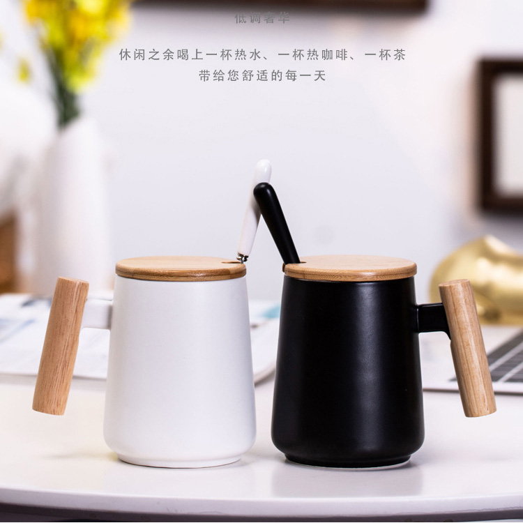 南阳新品木柄竹盖创意陶瓷杯马克杯含勺子咖啡杯
