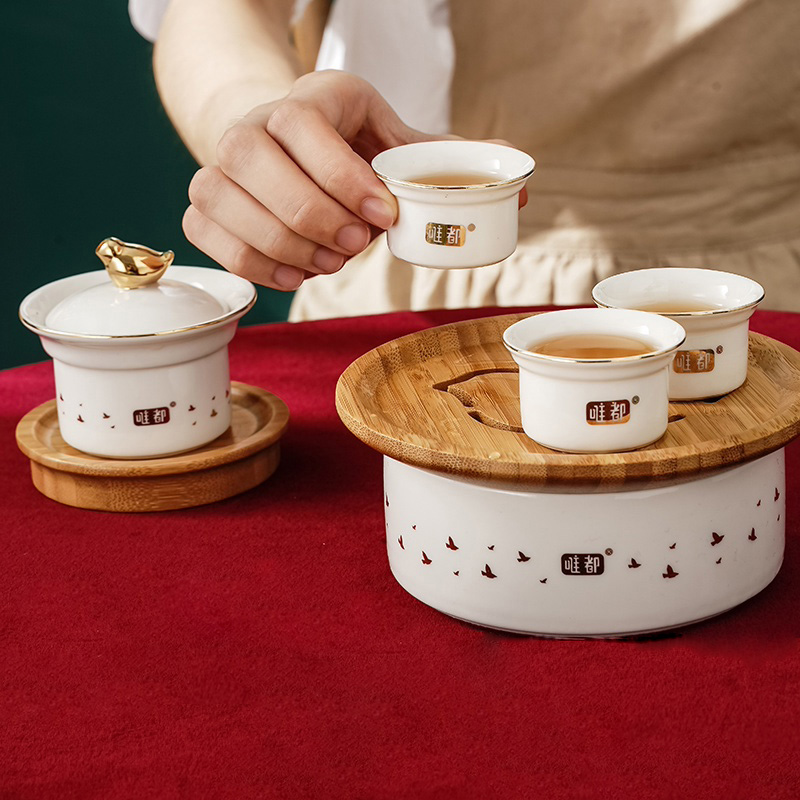 郑州唯都多姿|水悦金品茶具套装W-S28日用一壶三杯带竹木茶盘陶瓷盖碗创意便携茶具居家商务